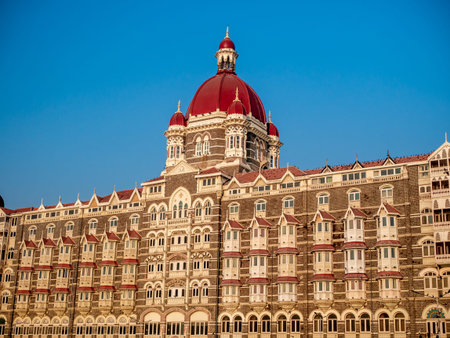 Mumbai, India - March 7, 2021 : Heritage Grand class five-star hotel Taj in the Colaba region of Mumbai, Maharashtra, India, next to the Gateway of India.のeditorial素材