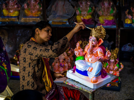 MUMBAI, INDIA - July 11, 2021:Lord Ganesh statue ready for upcoming festival. Covid-19 dampens festive spirit among idol makers ahead of Ganesh festivalのeditorial素材