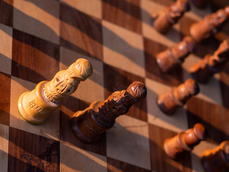 Wooden chess board with wooden pieces with sunlight. Selective focus on white and black king