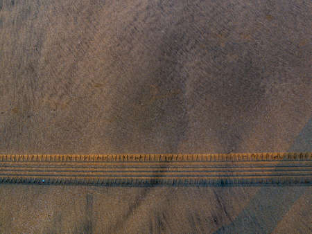 Impression of tyre on Sea sandの写真素材