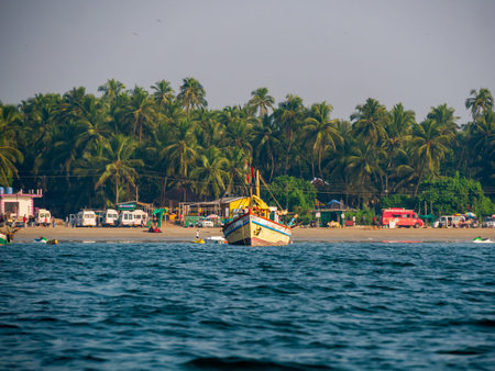 Sindhudurg, INDIA - December 23, 2021 : Troller type fishing boat at coastal maharashtra region.Â SindhudurgÂ  district listed in 30 favorite tourist destination around the world.のeditorial素材