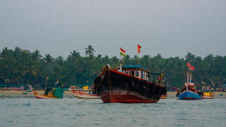Sindhudurg, INDIA - December 23, 2021 : Troller type fishing boat at coastal maharashtra region.Â SindhudurgÂ  district listed in 30 favorite tourist destination around the world.のeditorial素材
