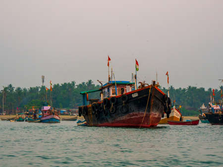 Sindhudurg, INDIA - December 23, 2021 : Troller type fishing boat at coastal maharashtra region.Â SindhudurgÂ  district listed in 30 favorite tourist destination around the world.のeditorial素材