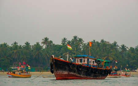 Sindhudurg, INDIA - December 23, 2021 : Troller type fishing boat at coastal maharashtra region.Â SindhudurgÂ  district listed in 30 favorite tourist destination around the world.のeditorial素材