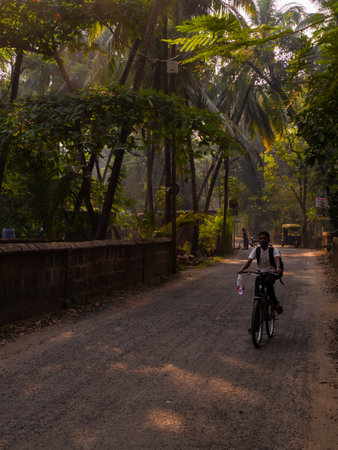 Malvan, INDIA - December 19, 2021 : Unidentified boy riding a bicycle in a Picturesque lane of a small Indian village in Konkan surrounded by coconut trees.のeditorial素材