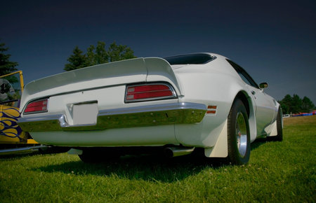 White muscle car rear end -wide angle shot