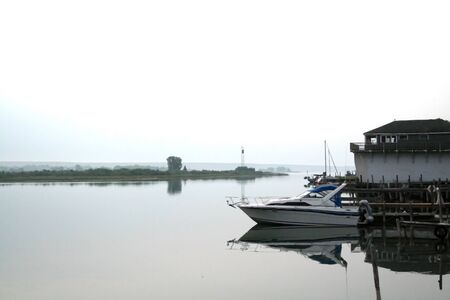 Single white boatの写真素材