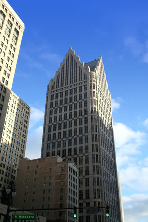 comerica tower on historic woodward avenue in detroit downtown- comerica tower is second tallest building in detroitの写真素材