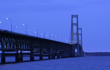 Mackinac bridge is a longest bridge in USA shot in the night timeの写真素材