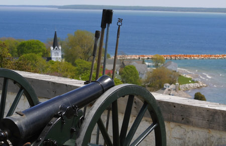 Old cannon artillary at Mackinac fort in Michiganの写真素材