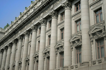 Pillars of historic building architecture in New York's Manhatten city
