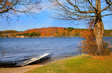 Scenic lake and boat launch area during autumn timeの写真素材