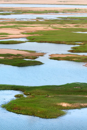 River Krishna in India with sand dunes in betweenの写真素材