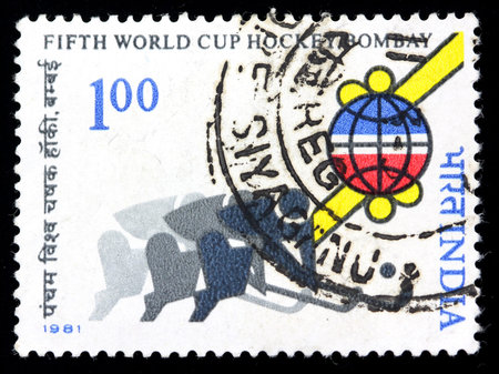 INDIA - CIRCA 1981: A stamp printed in India (present time India) shows Fifth world cup Hockey by...