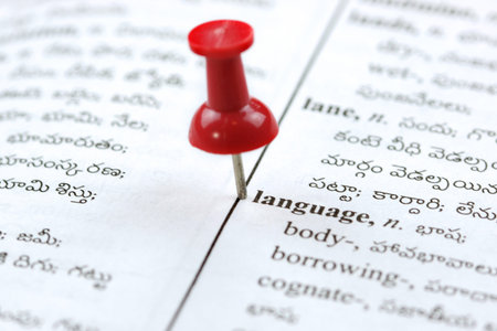Close up shot of language word on dictionary with Telugu text