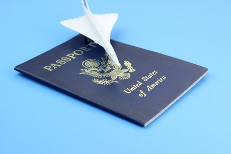 Close up shot of miniature flight on  passportの写真素材