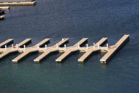 Empty boat dock on the lake aerial viewの写真素材