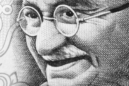 Close up shot of Gandhi on rupee noteの写真素材