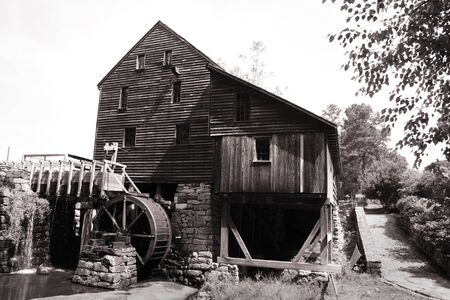 Historic Yates grist mill in black and whiteの写真素材