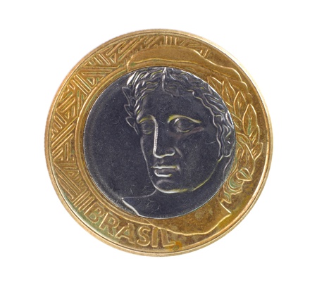 One Brazil real coin on white backgroundの写真素材