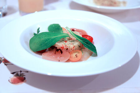 Japanese sea food dish with leavesの写真素材