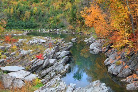 Stream passing through Quechee gorge in autumn timeの写真素材