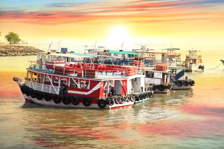 Mumbai, INDIA - December 6 : Tour boats at the coast of Mumbai city, on December 6,2015 Mumbai,...