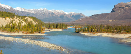 Panoramic view of North Saskatchewan river in jasperの写真素材