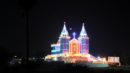 Vijayawada, INDIA - December 29 2015 :Illuminated church during Christmas time near Vijayawada,Indiaのeditorial素材