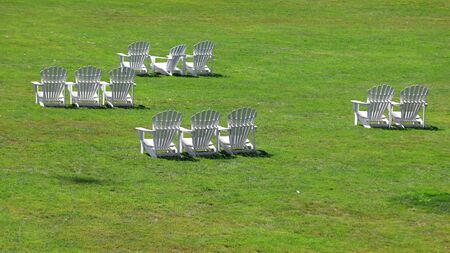 Row of plastic chairs in Mackinac island, Michiganの写真素材