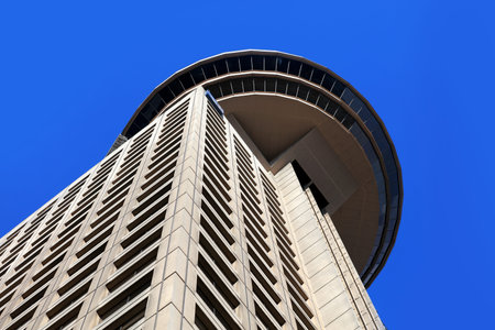 Downtown Vancouver Lookout Tower on June 30, 2019 in Vancouver, Canada. The Lookout tower atop the...