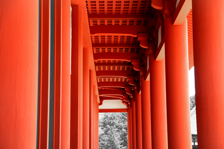 Tall red pillars of Kofuku-ji temple in Nara Japan.のeditorial素材
