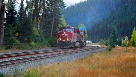 Field,BC/Canada -Sep 30, 2017: A Canadian Pacific train at Field town,  Canadian Pacific is a...
