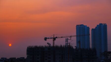 Tall apartment building construction in Hyderabad, Indiaの写真素材