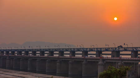 Vijayawada, INDIA - January 7 2019 : Historic Prakasam barrage in twilight, at Vijayawada, Indiaのeditorial素材