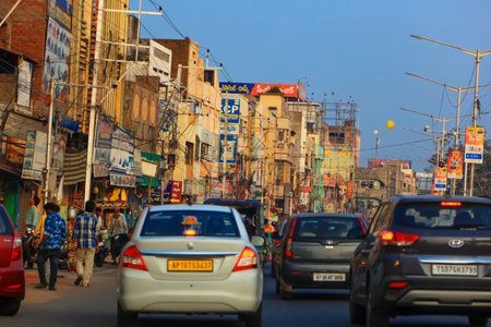 Vijayawada, INDIA - January 6 2019 : Traffic congestion in narrow streets, at Vijayawada, India