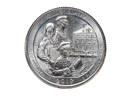 Ellis Island American Quarter coin close up shot isolated on white background