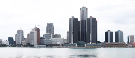 Windsor, Canada - October 10, 2018: View of Detroit city buildings created with four images stitched together to make it large panorama taken it from across the Detroit River in Windsor, Ontario.のeditorial素材