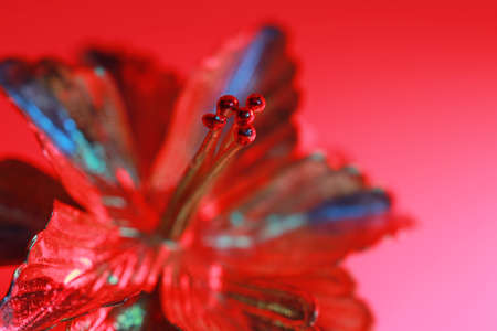 Close up shot of metallic decorative flower illuminated under colorful lightsの写真素材