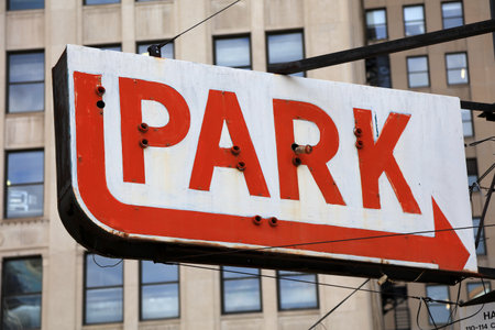 Street view of old parking signのeditorial素材