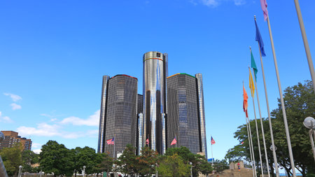 Detroit, MI USA - 8/30/2020: GM Renaissance Center is one of the modern iconic buildings on the Detroit Riverfront, Also tallest building in Detroit downtown.のeditorial素材