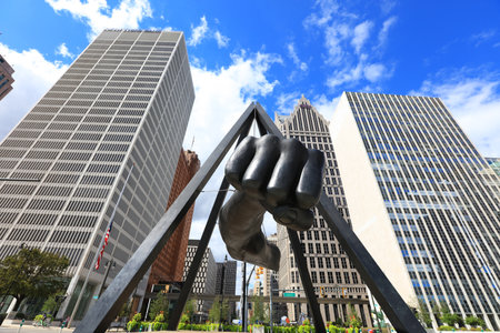 DETROIT, MI - AUGUST 30,2020 : Hart plaza is located more or less on the site at which Antoine Laumet de La Mothe, sieur de Cadillac landed in 1701 when he founded Fort Pontchartrain du DÃ©troit.のeditorial素材