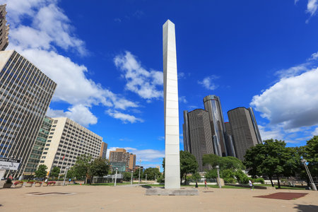 DETROIT, MI - AUGUST 30,2020 : Hart plaza is located more or less on the site at which Antoine Laumet de La Mothe, sieur de Cadillac landed in 1701 when he founded Fort Pontchartrain du DÃ©troit.のeditorial素材