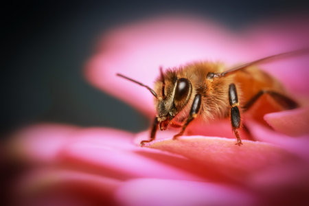 Close up shot of bee on a flower petalの写真素材