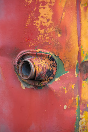 Old weathered metal fuel tank holeの写真素材