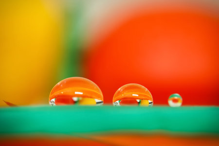 Close up shot of water droplets with colorful backgroundの写真素材