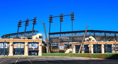 Detroit, Michigan, USA - August 30, 2020: Entrance of Comerica Park stadium, home of the Detroit Tigers team.のeditorial素材