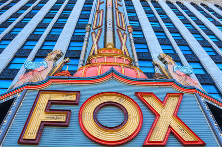 Detroit, Michigan, USA - August 30, 2020: Exterior sign of the historic Fox Theater in downtown Detroit. The Fox theater was opened in 1928.のeditorial素材