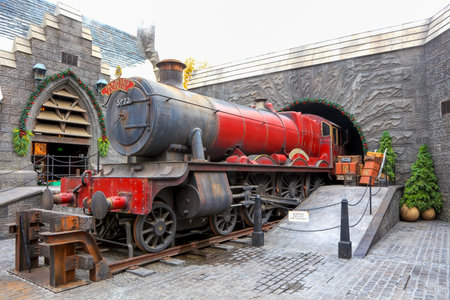 Los Angeles, California, USA - December 25, 2019: Hogwarts Express steam train in world famous park...