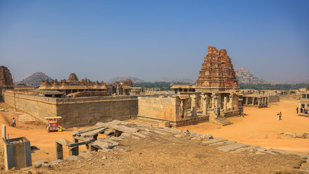Hampi, India on December 31, 2018 :World heritage site historic Vijaya Vittala temple and Hampi ruins in Indiaのeditorial素材